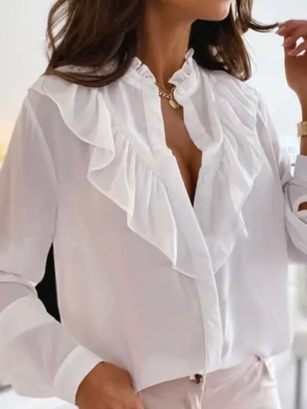 NWT OL Women Long Sleeve Ruffles Pearl Buttoned Top Fashion Blouses Shirt